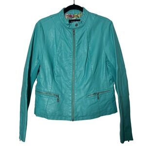 Black Rivet Teal Turquoise Faux Leather y2k Moto Jacket Floral Lined Size L